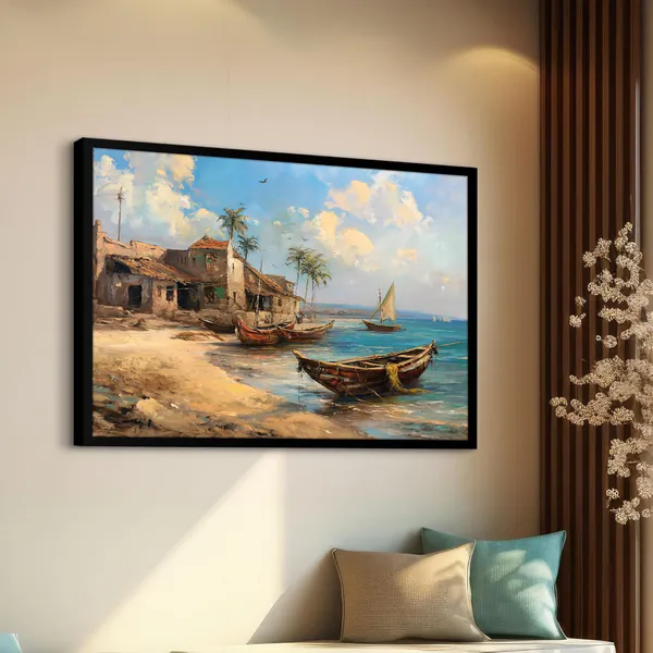 Seaside_Stillness_–_Rustic_Fishing_Village_Wall_Art__With_black_Frame_Painting_For_Home_Decor_Living_Room_Wall_Decoration