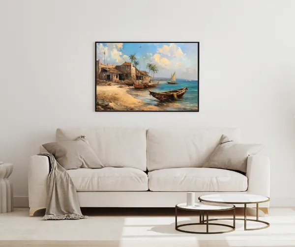 Seaside_Stillness_–_Rustic_Fishing_Village_Wall_Art__With_black_Frame_Painting_For_Home_Decor_Living_Room_Wall_Decoration