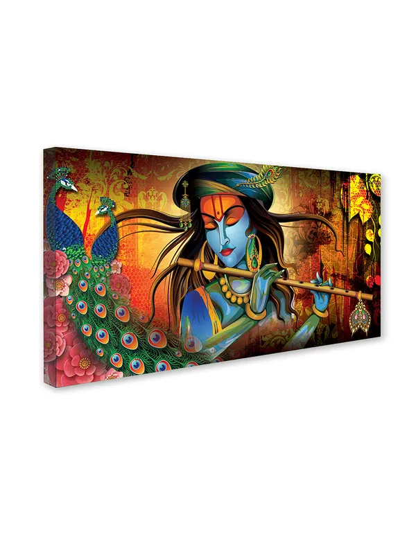 Melody_of_the_Divine_-_Lord_Krishna_with_Peacock_Canvas_Painting