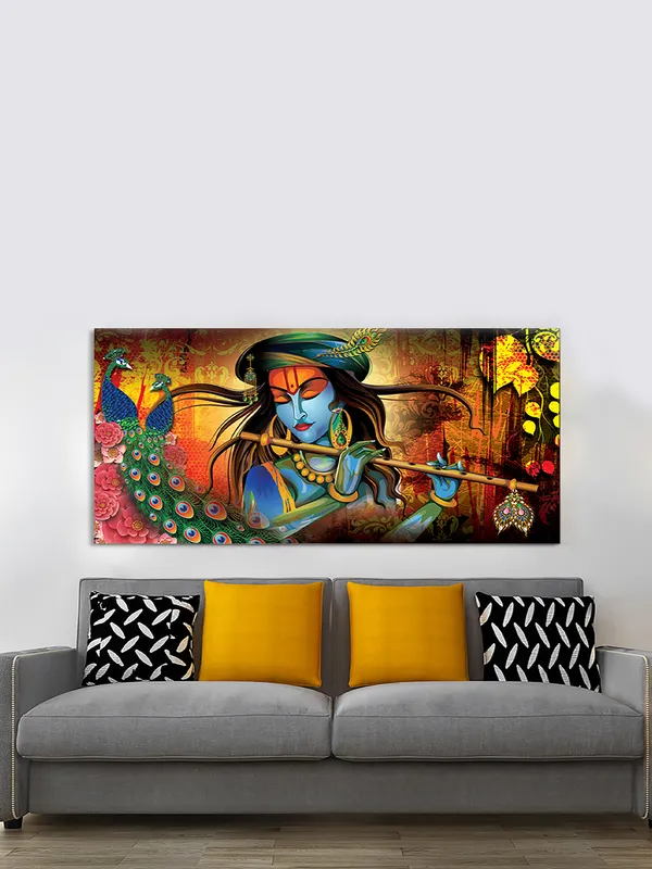 Melody_of_the_Divine_-_Lord_Krishna_with_Peacock_Canvas_Painting