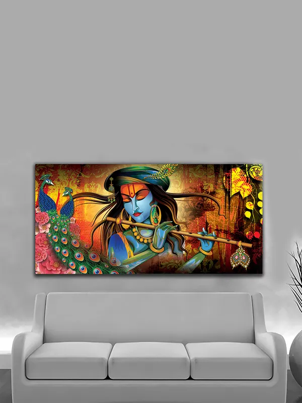 Melody_of_the_Divine_-_Lord_Krishna_with_Peacock_Canvas_Painting
