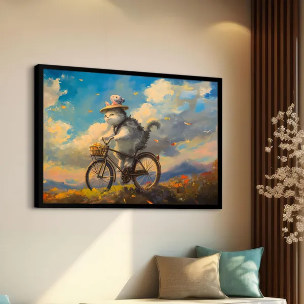 Adventure_Whiskers_–_Whimsical_Cat_on_a_Bicycle_Wall_Art_With_black_Frame_Painting_For_Home_Decor_Living_Room_Wall_Decoration