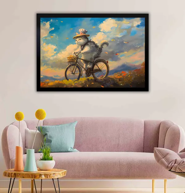 Adventure_Whiskers_–_Whimsical_Cat_on_a_Bicycle_Wall_Art_With_black_Frame_Painting_For_Home_Decor_Living_Room_Wall_Decoration