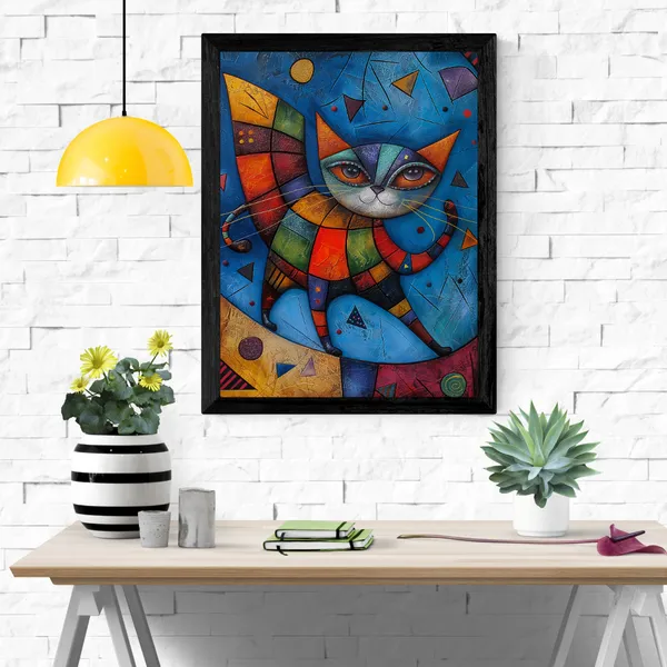 Vibrant_Geometric_Cat_Wall_Art_Painting_With_Black_Frame_For_Home_Decor_Living_Room_Wall_Decoration