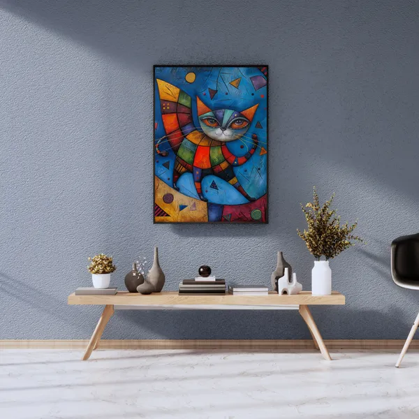 Vibrant_Geometric_Cat_Wall_Art_Painting_With_Black_Frame_For_Home_Decor_Living_Room_Wall_Decoration
