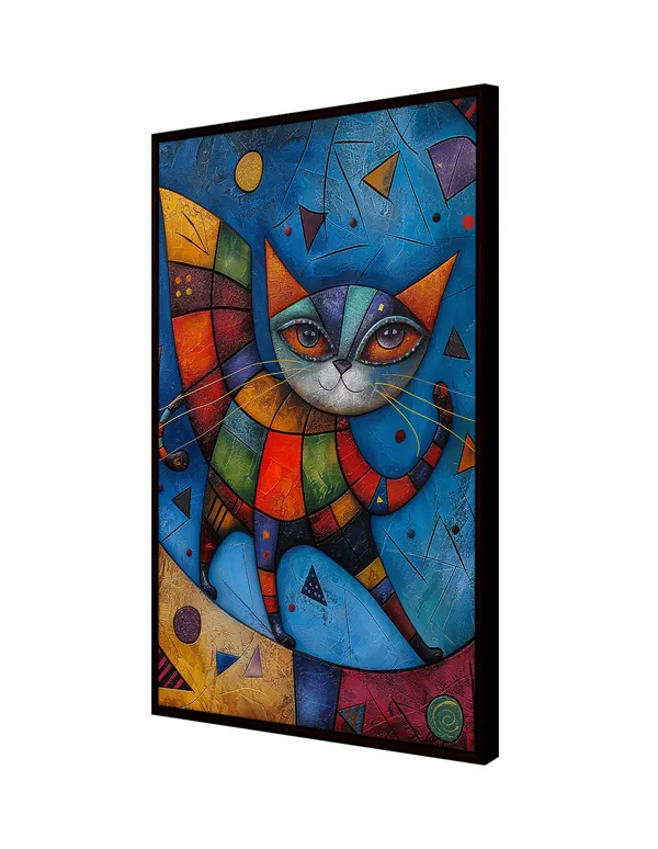 Vibrant_Geometric_Cat_Wall_Art_Painting_With_Black_Frame_For_Home_Decor_Living_Room_Wall_Decoration
