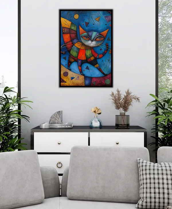 Vibrant_Geometric_Cat_Wall_Art_Painting_With_Black_Frame_For_Home_Decor_Living_Room_Wall_Decoration
