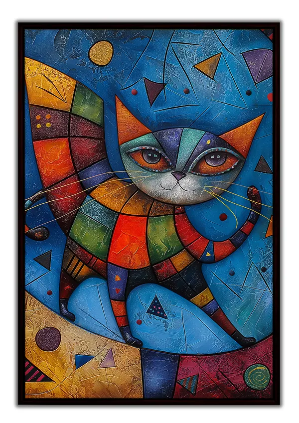Vibrant_Geometric_Cat_Wall_Art_Painting_With_Black_Frame_For_Home_Decor_Living_Room_Wall_Decoration