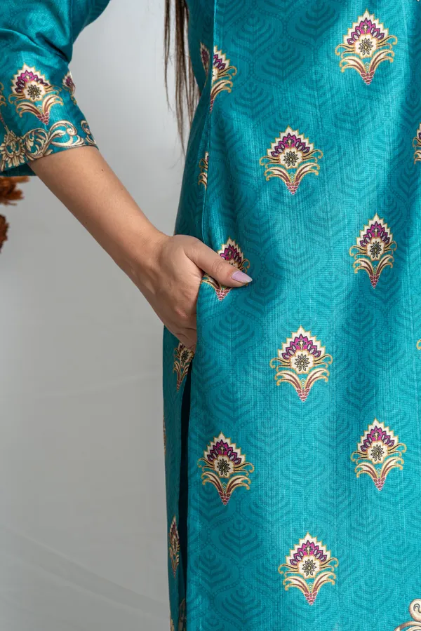 Sea_Green_Sweetheart_Neck_Elegant_3/4_Sleeve_Straight_Fit_Co-Ord_Set_For_Women