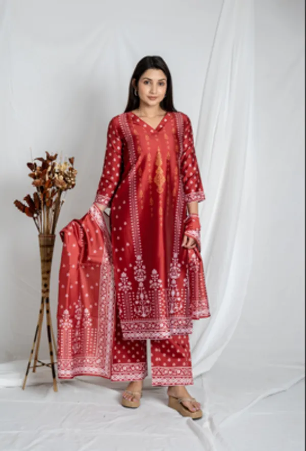 Red_With_White_V-Neckline_Premium_Fabric_Regular_Kurta_Set_For_Women