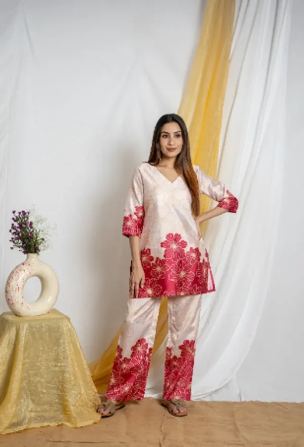 Off-White_&_Pink_Premium_Fabric_V-Neck_&_Straight_Fit_Co-Ord_Set_For_Women