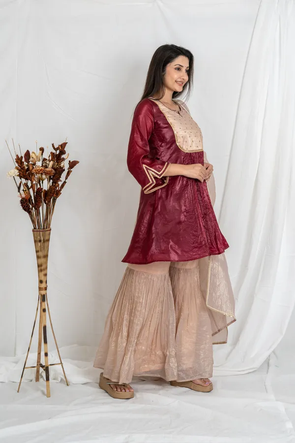 Wine_&_Cream_Gold_Crush_Fabric_With_Embroidered_Yoke_Sharara_Set_For_Women