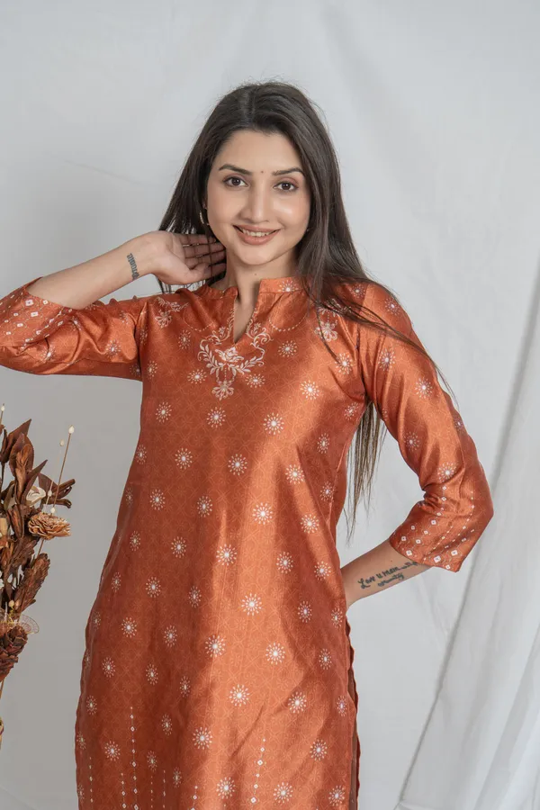 Rust_Premium_Fabric,_Straight_Stitch_&_3/4_Sleeves_Kurta_Bottom_Set_For_Women