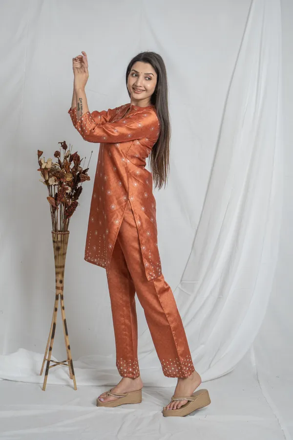 Rust_Premium_Fabric,_Straight_Stitch_&_3/4_Sleeves_Kurta_Bottom_Set_For_Women