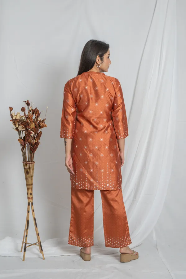 Rust_Premium_Fabric,_Straight_Stitch_&_3/4_Sleeves_Kurta_Bottom_Set_For_Women