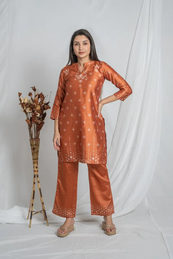 Rust_Premium_Fabric,_Straight_Stitch_&_3/4_Sleeves_Kurta_Bottom_Set_For_Women