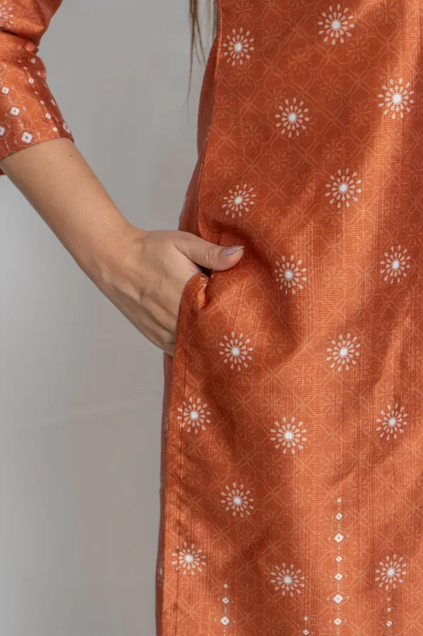 Rust_Premium_Fabric,_Straight_Stitch_&_3/4_Sleeves_Kurta_Bottom_Set_For_Women