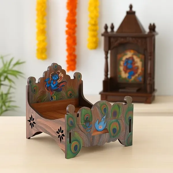 Brown_Wooden_Laddu_Gopal_Palna_Bed_With_Krishna_Bansuri_Design_&_Peacock_Feather_Print_–_Decorative_Jhula_For_Janmashtami_&_Mandir_Decor