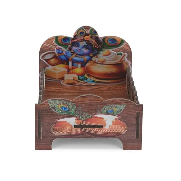 Brown_Wooden_Laddu_Gopal_Bed_With_Makhan_Chor_Krishna_Print_–_Decorative_Janmashtami_Cradle_With_Peacock_&_Butter_Pot_Artwork_For_Mandir_Decor