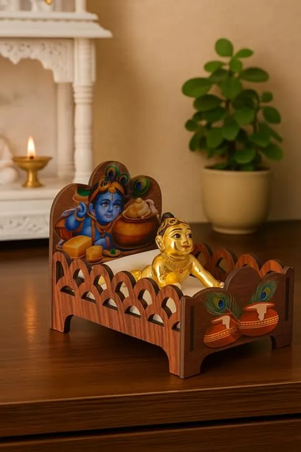 Brown_Wooden_Laddu_Gopal_Bed_With_Makhan_Chor_Krishna_Print_–_Decorative_Janmashtami_Cradle_With_Peacock_&_Butter_Pot_Artwork_For_Mandir_Decor