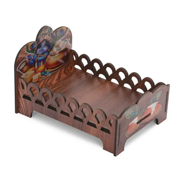 Brown_Wooden_Laddu_Gopal_Bed_With_Makhan_Chor_Krishna_Print_–_Decorative_Janmashtami_Cradle_With_Peacock_&_Butter_Pot_Artwork_For_Mandir_Decor