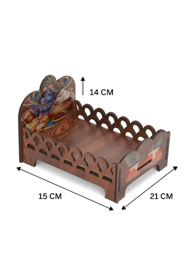 Brown_Wooden_Laddu_Gopal_Bed_With_Makhan_Chor_Krishna_Print_–_Decorative_Janmashtami_Cradle_With_Peacock_&_Butter_Pot_Artwork_For_Mandir_Decor