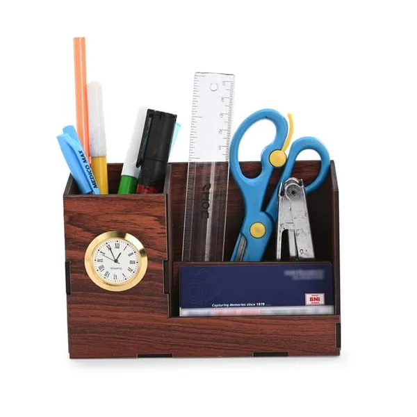 Brown_Wooden_Desk_Organizer_Pen_Stand_With_Quartz_Clock_3_Compartment_Stationery_Holder_For_Office_Study_Table_&_Gifting