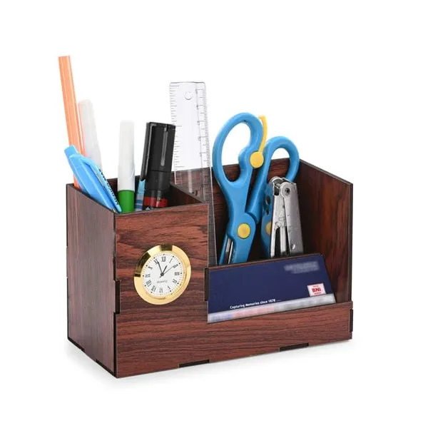Brown_Wooden_Desk_Organizer_Pen_Stand_With_Quartz_Clock_3_Compartment_Stationery_Holder_For_Office_Study_Table_&_Gifting