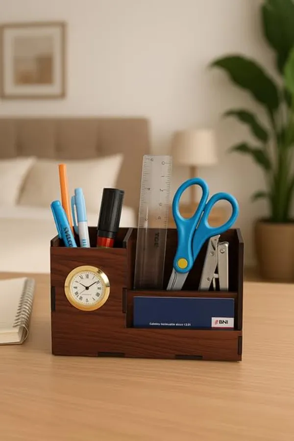 Brown_Wooden_Desk_Organizer_Pen_Stand_With_Quartz_Clock_3_Compartment_Stationery_Holder_For_Office_Study_Table_&_Gifting