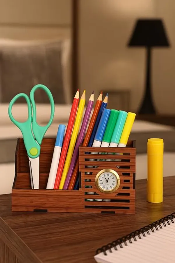 Brown_Wooden_Pen_Stand_Desk_Organizer_With_Analog_Clock_3_Compartment_Office_&_Study_Table_Stationery_Holder