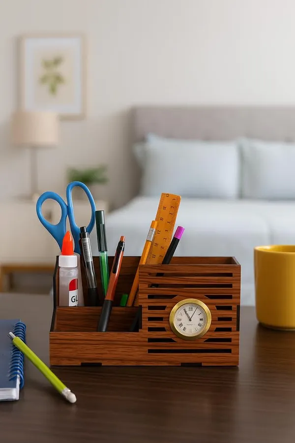 Brown_Wooden_Pen_Stand_Desk_Organizer_With_Analog_Clock_3_Compartment_Office_&_Study_Table_Stationery_Holder