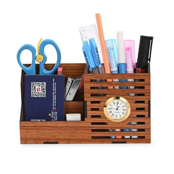 Brown_Wooden_Pen_Stand_Desk_Organizer_With_Analog_Clock_3_Compartment_Office_&_Study_Table_Stationery_Holder