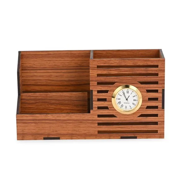 Brown_Wooden_Pen_Stand_Desk_Organizer_With_Analog_Clock_3_Compartment_Office_&_Study_Table_Stationery_Holder