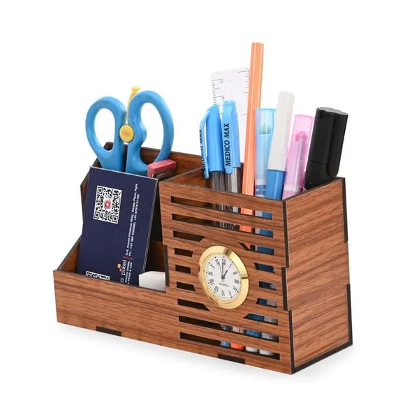 Brown_Wooden_Pen_Stand_Desk_Organizer_With_Analog_Clock_3_Compartment_Office_&_Study_Table_Stationery_Holder