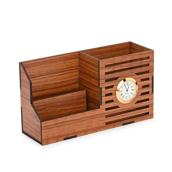 Brown_Wooden_Pen_Stand_Desk_Organizer_With_Analog_Clock_3_Compartment_Office_&_Study_Table_Stationery_Holder