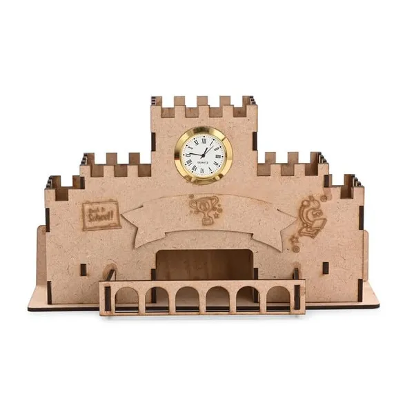 Brown_Wooden_Castle_Design_Pen_Stand_With_Clock_Kids_Study_Table_Organizer_With_Multiple_Compartments_School_&_Gift_Use