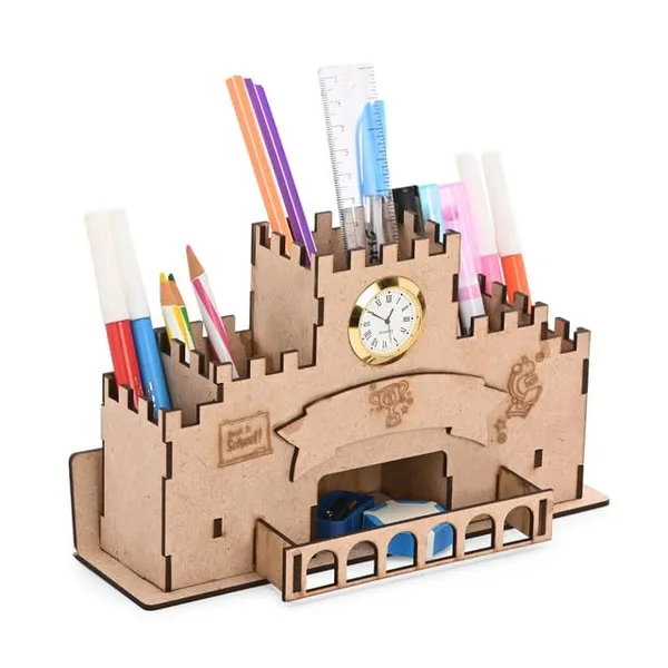Brown_Wooden_Castle_Design_Pen_Stand_With_Clock_Kids_Study_Table_Organizer_With_Multiple_Compartments_School_&_Gift_Use