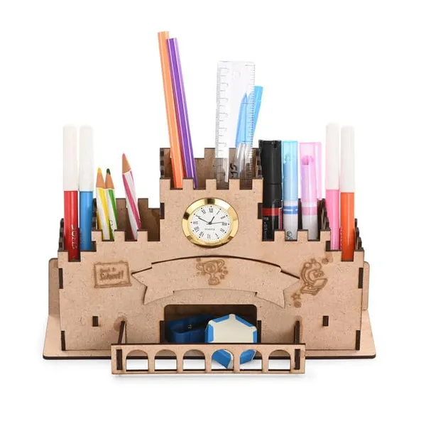 Brown_Wooden_Castle_Design_Pen_Stand_With_Clock_Kids_Study_Table_Organizer_With_Multiple_Compartments_School_&_Gift_Use