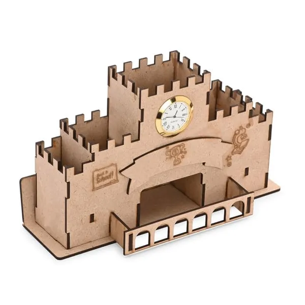 Brown_Wooden_Castle_Design_Pen_Stand_With_Clock_Kids_Study_Table_Organizer_With_Multiple_Compartments_School_&_Gift_Use