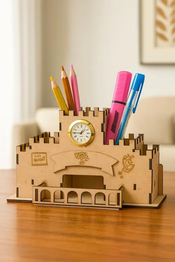 Brown_Wooden_Castle_Design_Pen_Stand_With_Clock_Kids_Study_Table_Organizer_With_Multiple_Compartments_School_&_Gift_Use