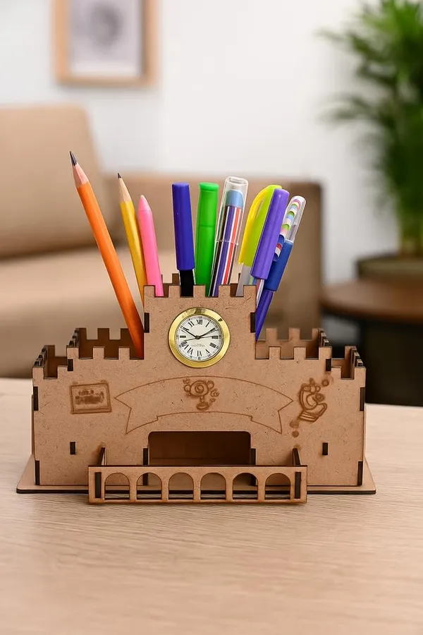 Brown_Wooden_Castle_Design_Pen_Stand_With_Clock_Kids_Study_Table_Organizer_With_Multiple_Compartments_School_&_Gift_Use