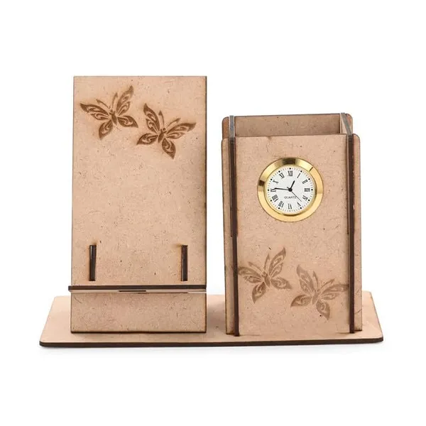 Brown_Wooden_Pen_Stand_With_Mobile_Holder_&_Clock_2In1_Desk_Organizer_With_Butterfly_Engraving_For_Office_&_Study_Table_Use