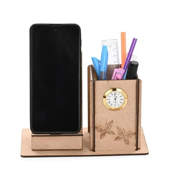 Brown_Wooden_Pen_Stand_With_Mobile_Holder_&_Clock_2In1_Desk_Organizer_With_Butterfly_Engraving_For_Office_&_Study_Table_Use