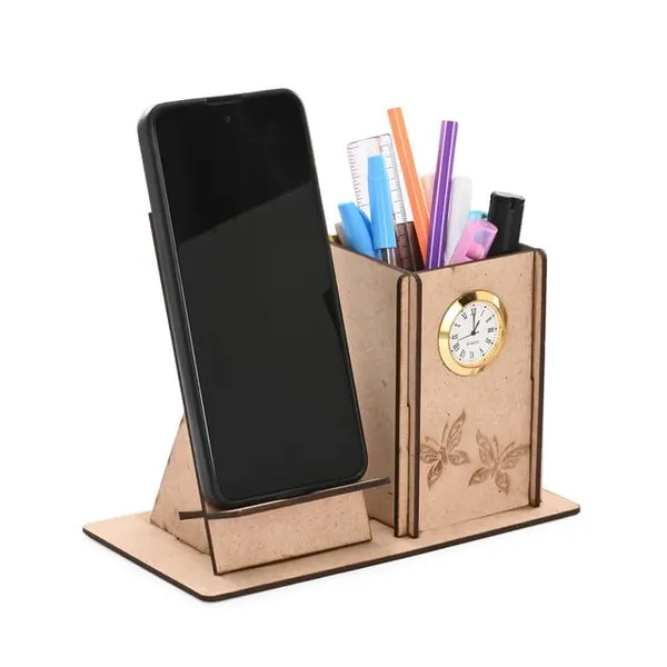 Brown_Wooden_Pen_Stand_With_Mobile_Holder_&_Clock_2In1_Desk_Organizer_With_Butterfly_Engraving_For_Office_&_Study_Table_Use