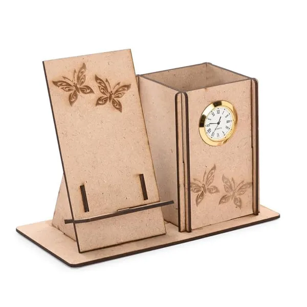 Brown_Wooden_Pen_Stand_With_Mobile_Holder_&_Clock_2In1_Desk_Organizer_With_Butterfly_Engraving_For_Office_&_Study_Table_Use