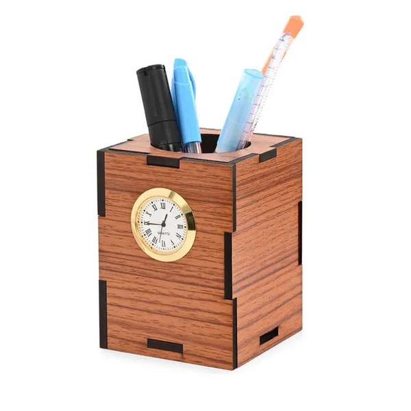 Brown_Wooden_Pen_Stand_With_Quartz_Clock_Single_Compartment_Desk_Organizer_For_Office_&_Study_Table