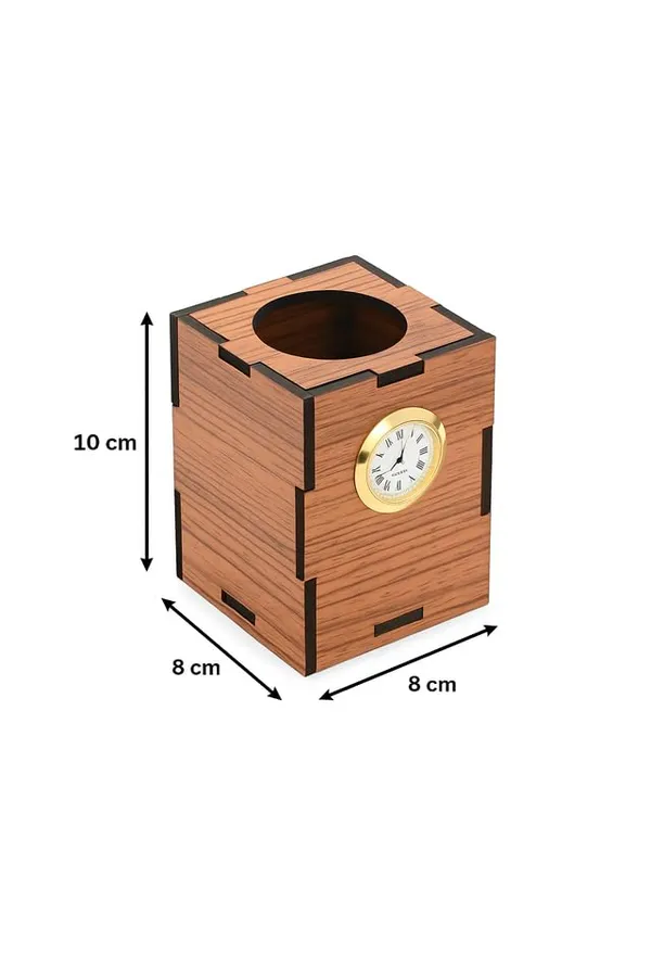 Brown_Wooden_Pen_Stand_With_Quartz_Clock_Single_Compartment_Desk_Organizer_For_Office_&_Study_Table