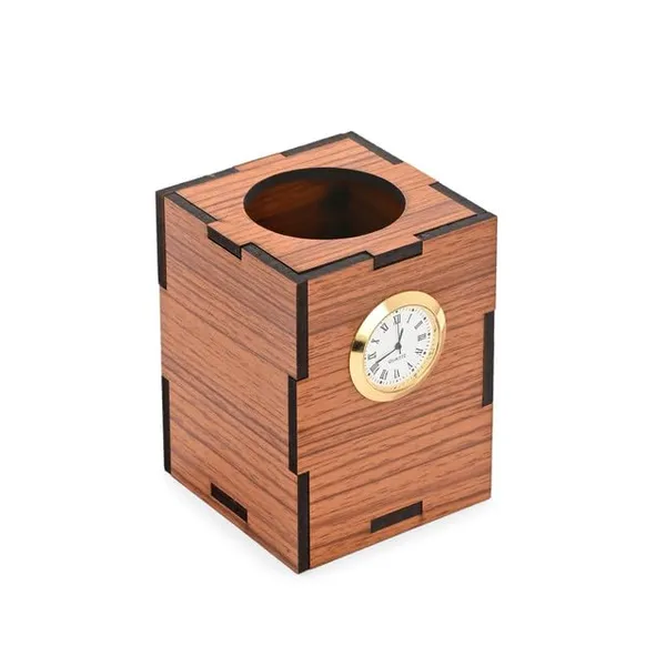 Brown_Wooden_Pen_Stand_With_Quartz_Clock_Single_Compartment_Desk_Organizer_For_Office_&_Study_Table