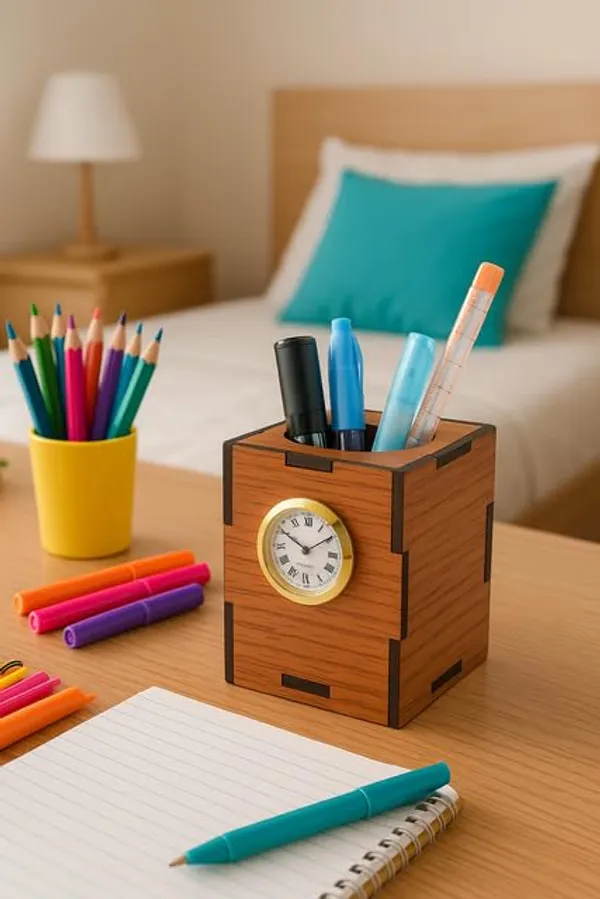 Brown_Wooden_Pen_Stand_With_Quartz_Clock_Single_Compartment_Desk_Organizer_For_Office_&_Study_Table