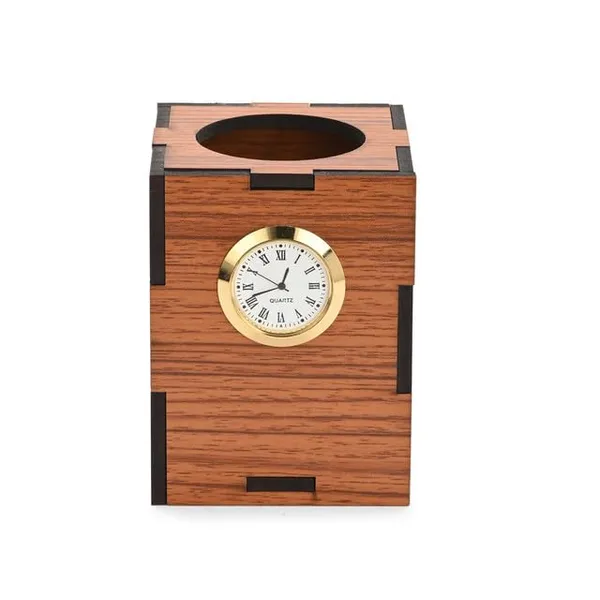 Brown_Wooden_Pen_Stand_With_Quartz_Clock_Single_Compartment_Desk_Organizer_For_Office_&_Study_Table